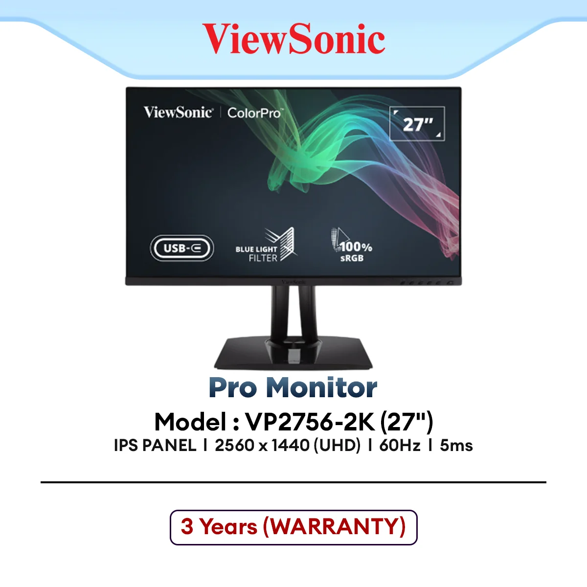 VIEWSONIC VP2756-2K 27" 2K QHD Pantone Validated 100% sRGB with 60W USB-C