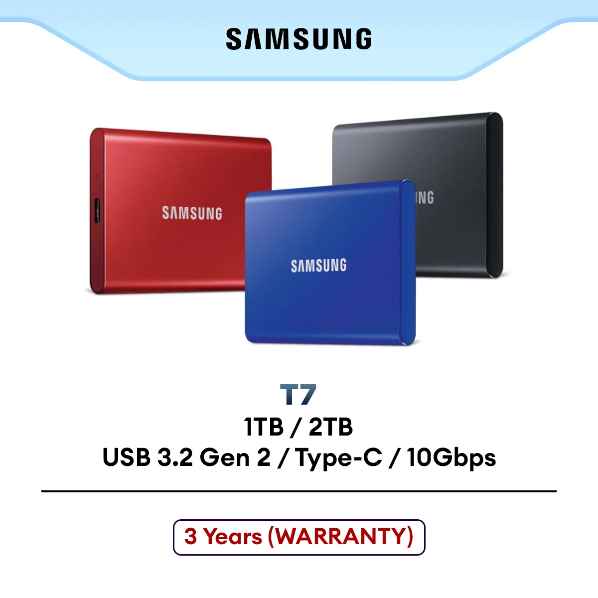 Samsung T7 USB 3.2 Type-C Gen 2 10Gbps External Portabl SSD 1TB (Blue/Grey/Red)