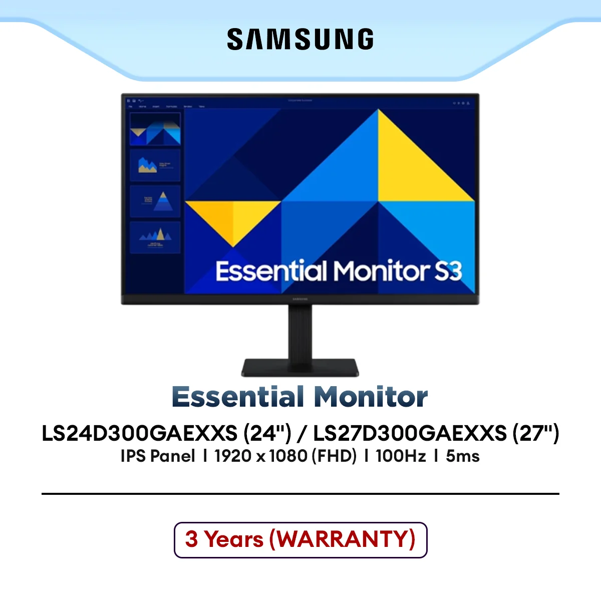 SAMSUNG Essential Monitor S3 S30GD 24" / 27" FHD IPS Monitor | 100Hz | LS24D300GAEXXS / LS27D300GAEXXS