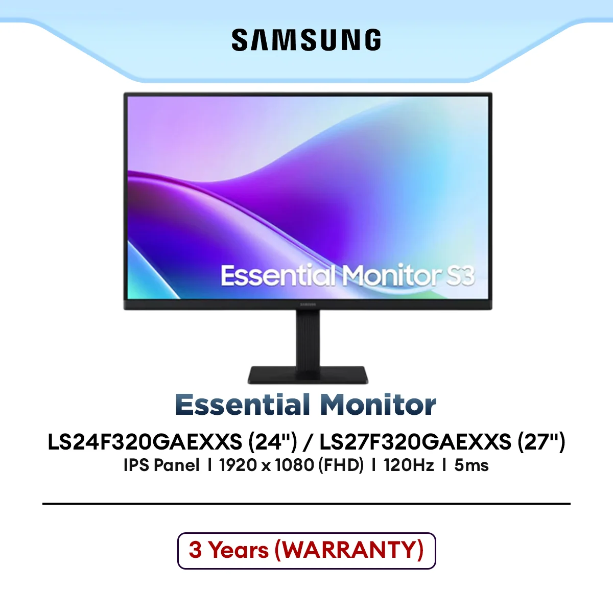 SAMSUNG Essential Monitor S3 S32GF 24" / 27" FHD IPS | 120Hz | 5ms | LS24F320GAEXXS / LS27F320GAEXXS