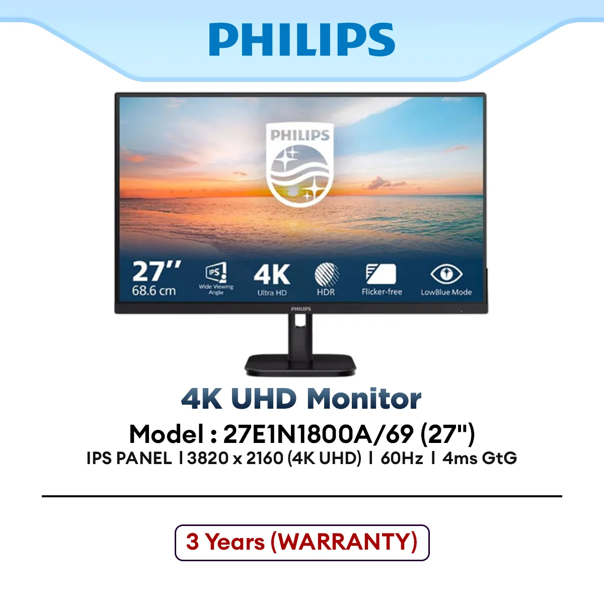 PHILIPS 27E1N1800A/69 27" 4K UHD 60Hz IPS Office Monitor | 4ms GTG | HDR | Adaptive Sync | Built-in Speakers