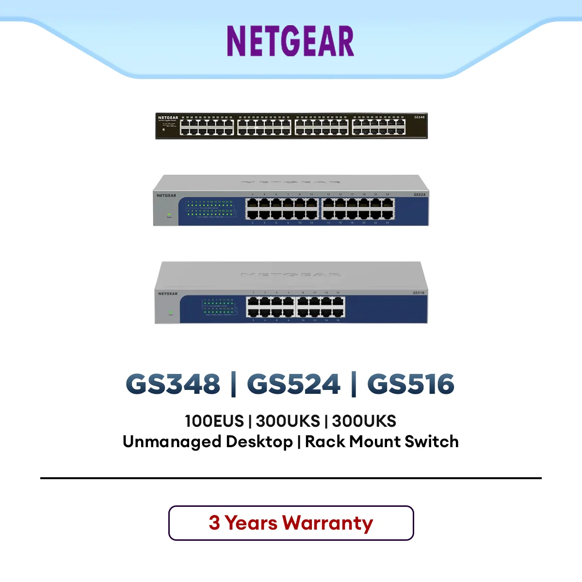 Netgear GS348 48-Port | GS524 24-Port | GS516 16-Port Gigabit Ethernet Unmanaged Switch