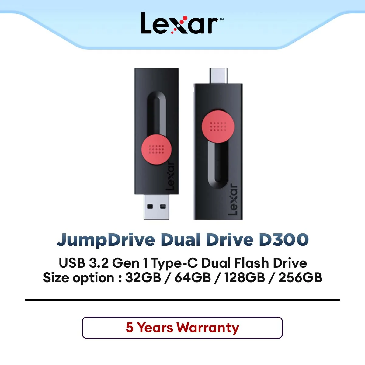 Lexar JumpDrive Dual Drive D300 USB 3.2 Gen 1 Type-C OTG Flash Drive USB-A USB-C Up to 130MB/s (32GB / 64GB / 128GB / 256GB)