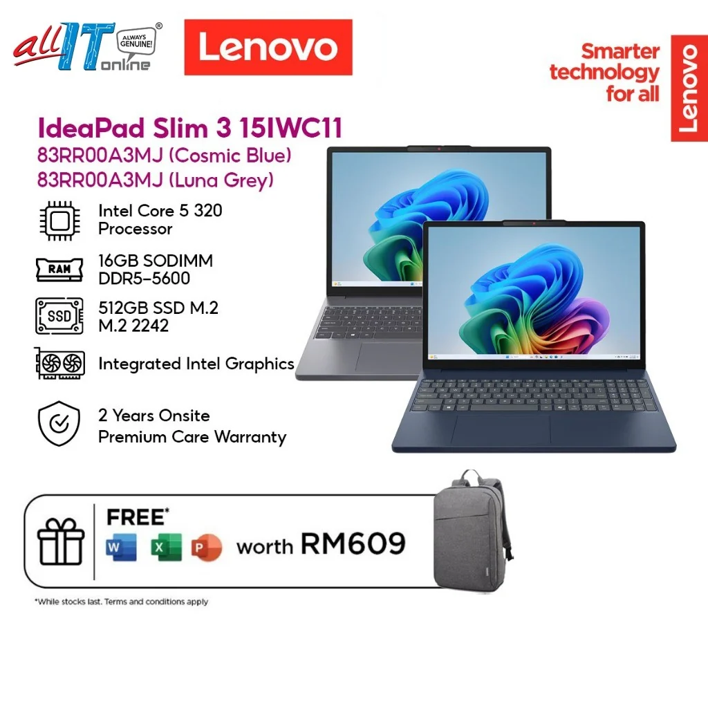 Lenovo IdeaPad Slim 3 15IWC11 Laptop (83RR00A4MJ/83RR00A3MJ) C5-320/16GB DDR5/512GB SSD/15.3"WUXGA