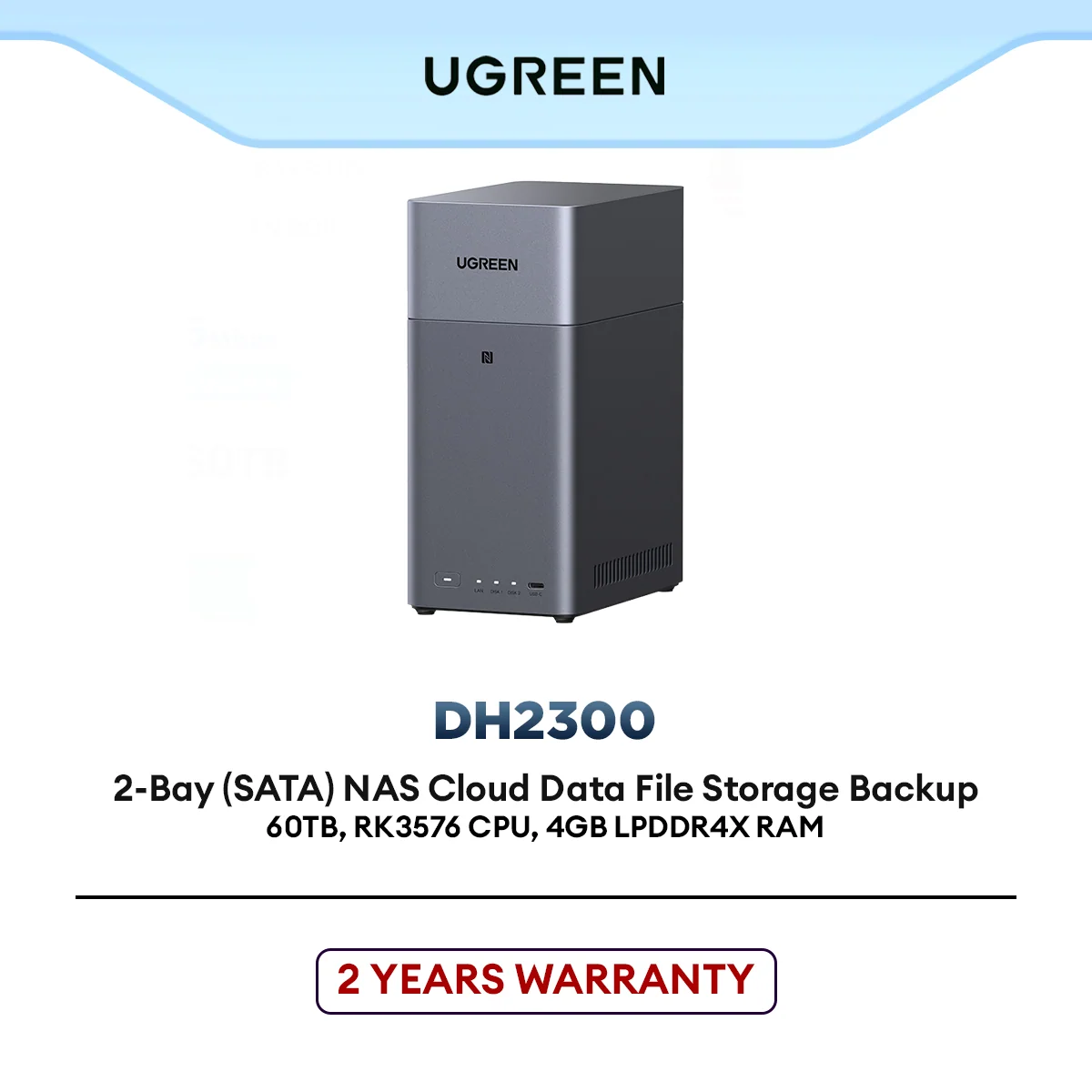 UGREEN DH2300 NASync 2-Bay NAS Cloud Storage 4K HDMI 1GbE LAN 4GB RAM Diskless for Home Office Data Backup 60TB Support