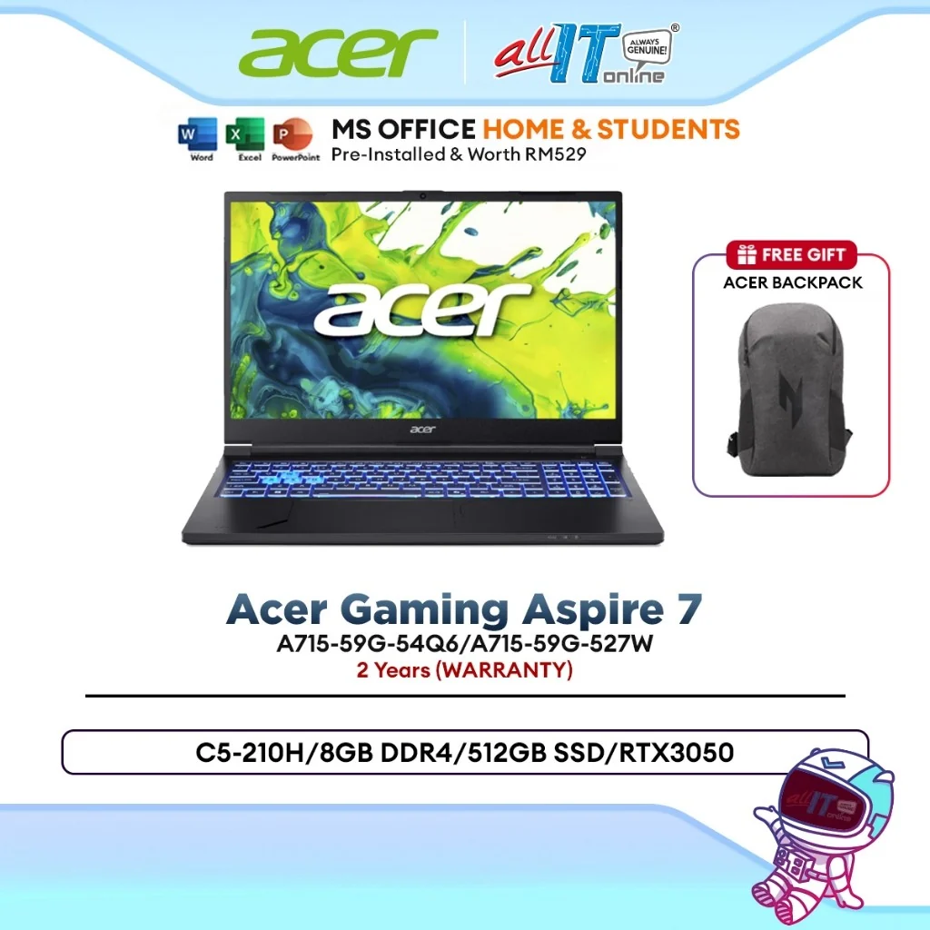 Acer Acer Aspire 7 Gaming Laptop (A715-59G-54Q6 /A715-59G-527W) C5-210H/8GB DDR4/512GB SSD/15.6" FHD 144Hz/RTX3050