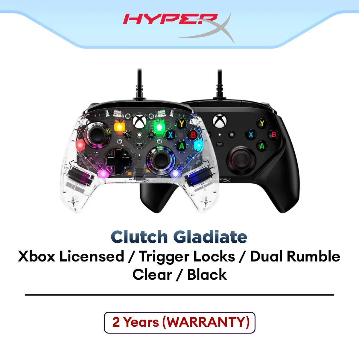 HyperX Clutch Gladiate Wired Gaming Controller with Dual Rumble Motors and Dual Trigger Locks - Clear (RGB) / Black