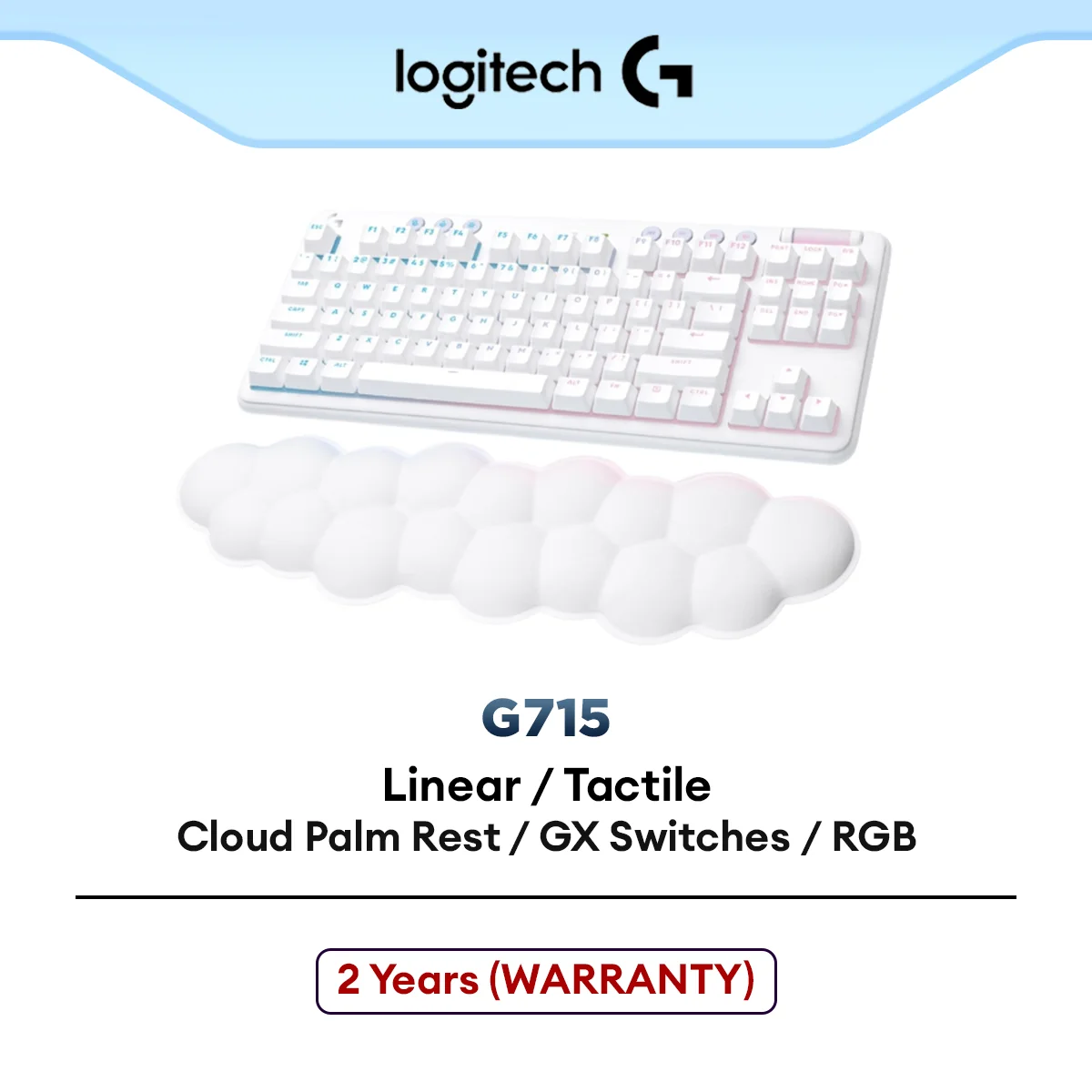 Logitech G715 Wireless Mechanical Gaming Keyboard with LIGHTSYNC RGB Lighting, LIGHTSPEED, PC and Mac Compatible, White Mist - Cloud Shaped Palm Rest | Aurora Collection