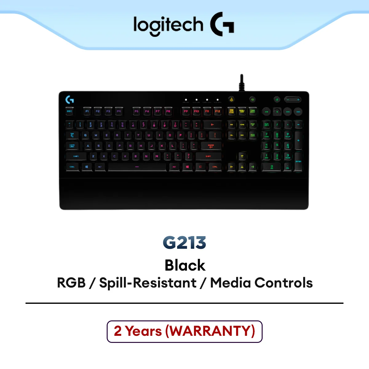 Logitech G213 PRODIGY RGB Wired Gaming Keyboard | Dedicated Media Controls | Spill-Resistant - Black