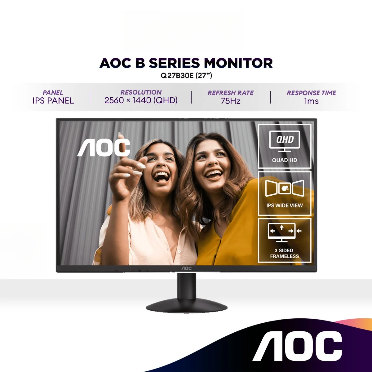 AOC Q27B30E 27" QHD 75Hz IPS Home & Business Monitor  | Adaptive Sync | 1ms (HDMI / DP)