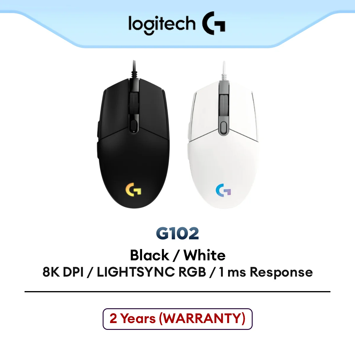 Logitech G102 Light Sync Gaming Wired Mouse | Gaming Grade Sensor | 8k DPI | Light Weight Mouse - Black / White
