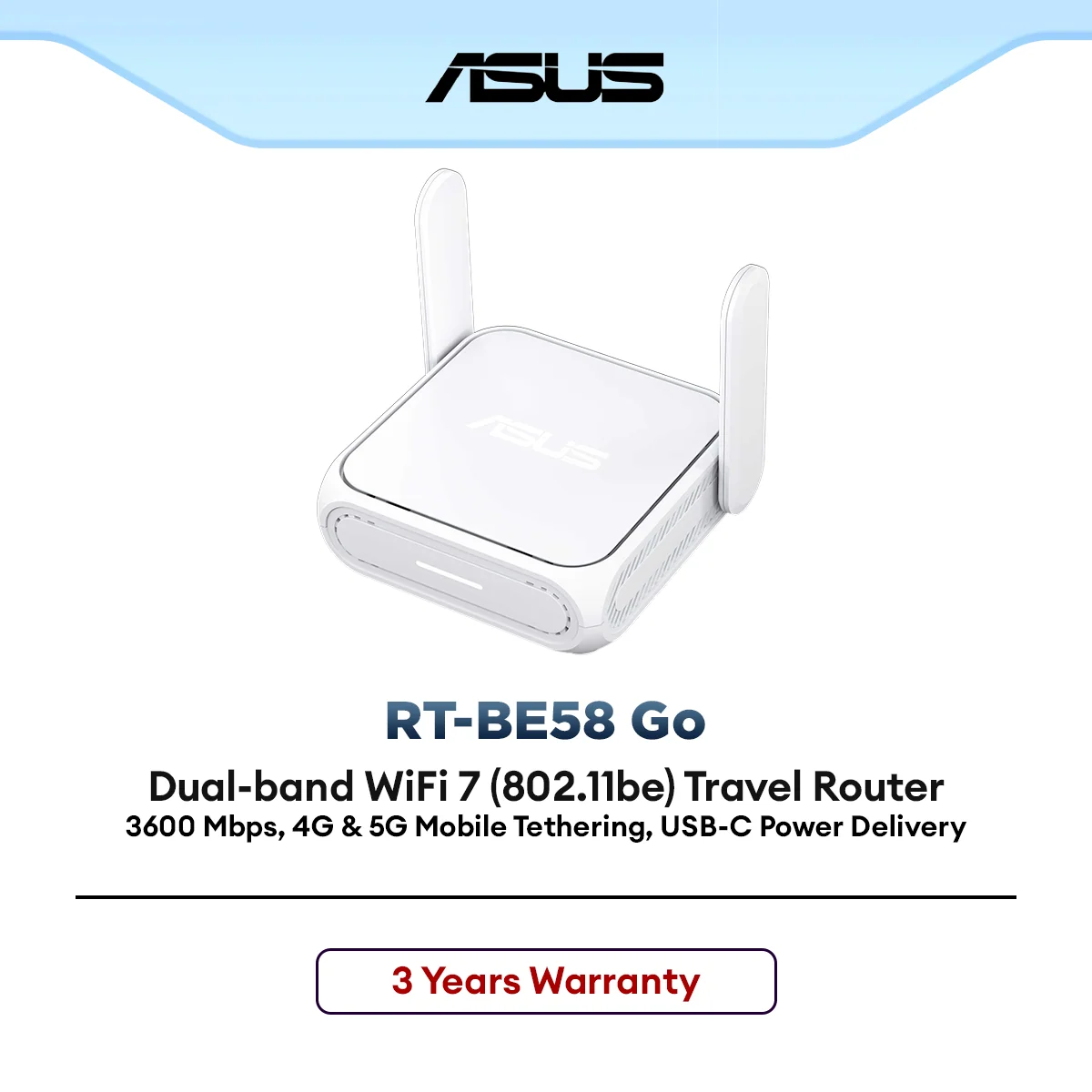 ASUS RT-BE58 Go WiFi 7 Travel Router Dual Band BE3600 Portable 2.5G WAN USB-C VPN AiProtection