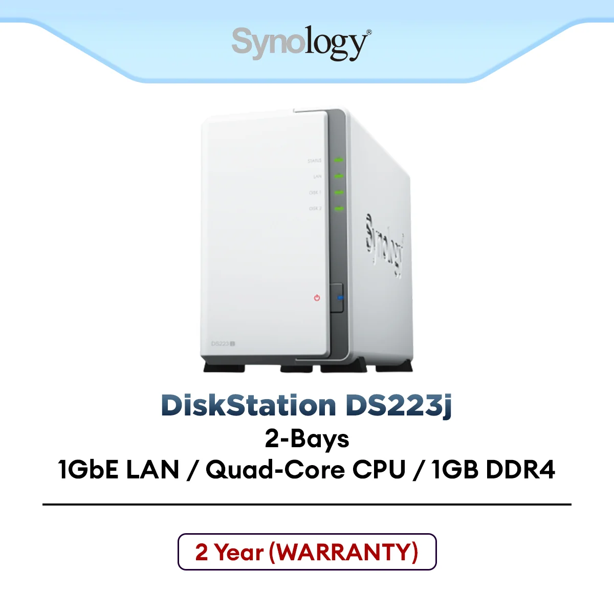 Synology DS223j NAS DiskStation 2-Bays NAS with Quad Core CPU, 1GB Memory