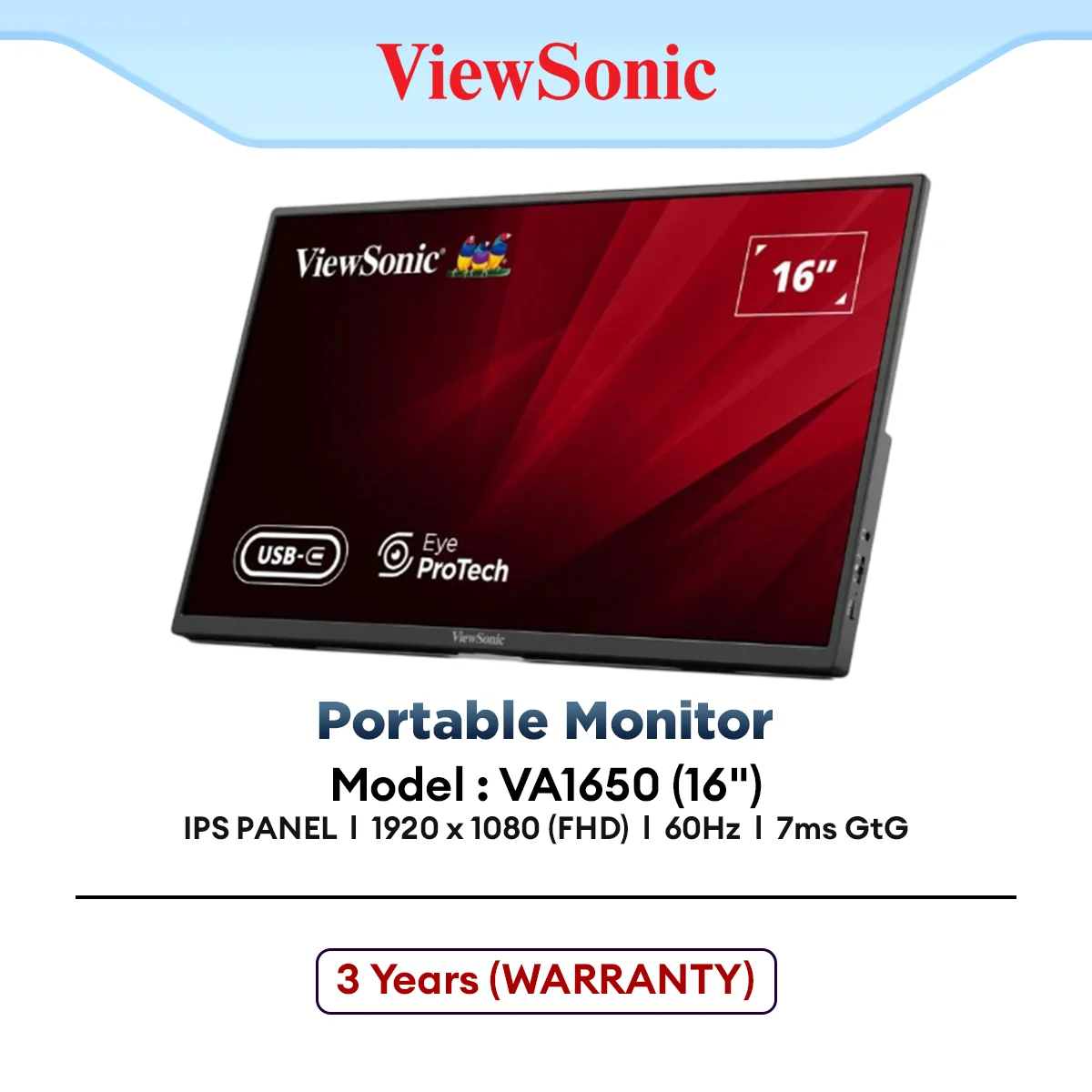 ViewSonic VA1650 16" FHD IPS Type-C Portable Monitor | 60Hz | 7ms | Built-in Speaker | USB-C 65W