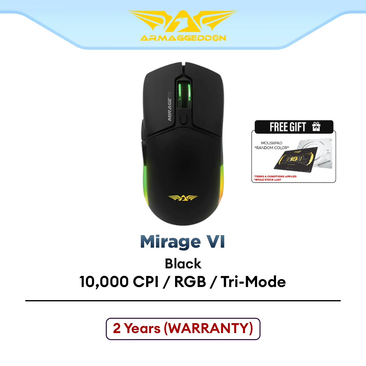 Armaggeddon Mirage VI 2.4G Wireless Gaming Mouse with Tri-Mode Connectivity, Lightweight Design, Built-In 600MAH Battery