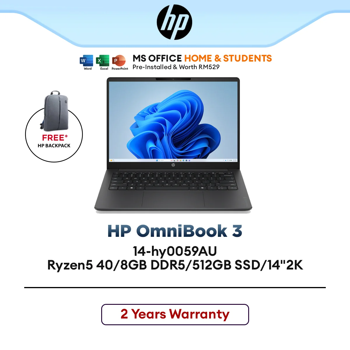 HP OmniBook 3 14-hy0059AU (DN6Z9PA) Laptop Ryzen5 40/8GB DDR5/512GB SSD/14"2K