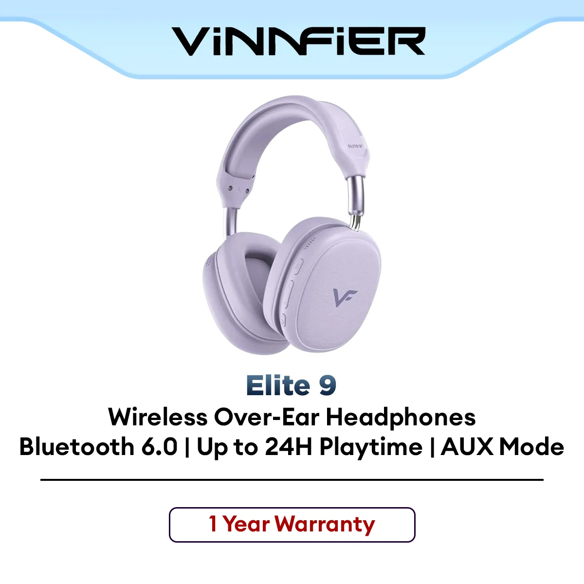 Vinnfier Elite 9 BT Wireless Over-Ear Headphones Bluetooth 6.0 Deep Bass Up to 24H Playtime AUX Built-in Mic Purple