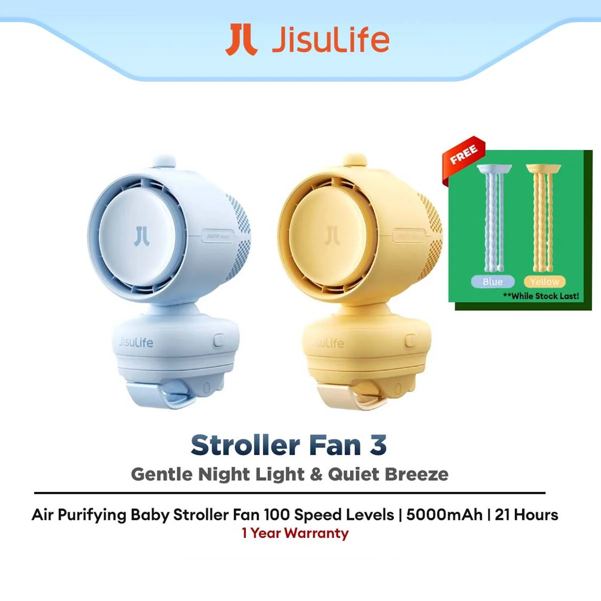 JisuLife Stroller Fan 3 Air Purifying Baby Fan 5000mAh 100-Speed USB-C Rechargeable Clip & Octopus Fan