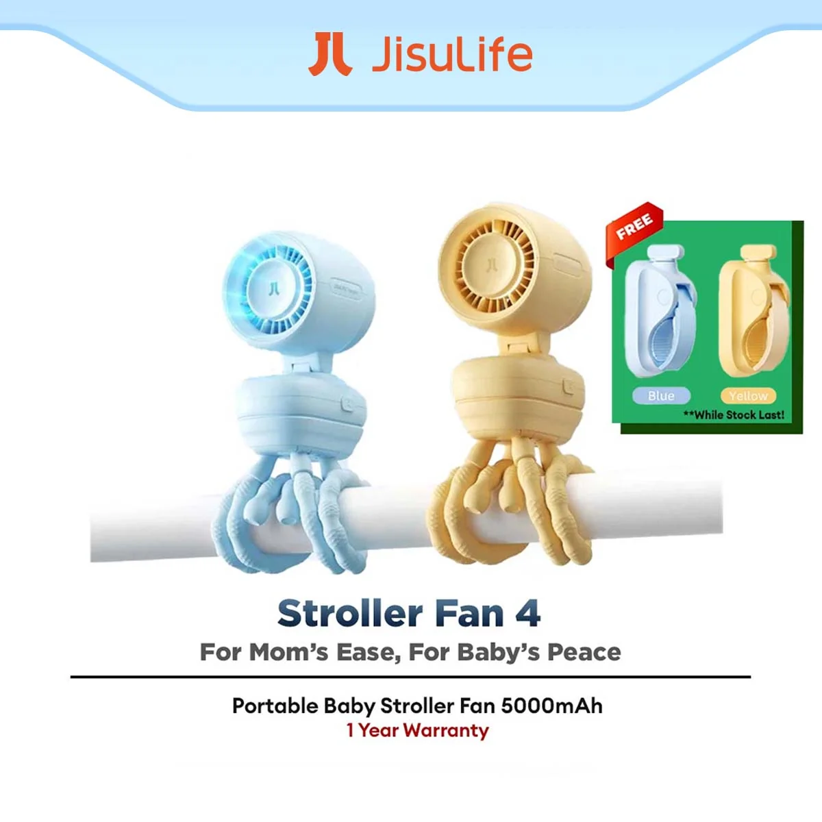 JisuLife Stroller Fan 4 Portable Baby Stroller Fan 5000mAh 38H Long Battery Ultra Quiet Octopus Fan