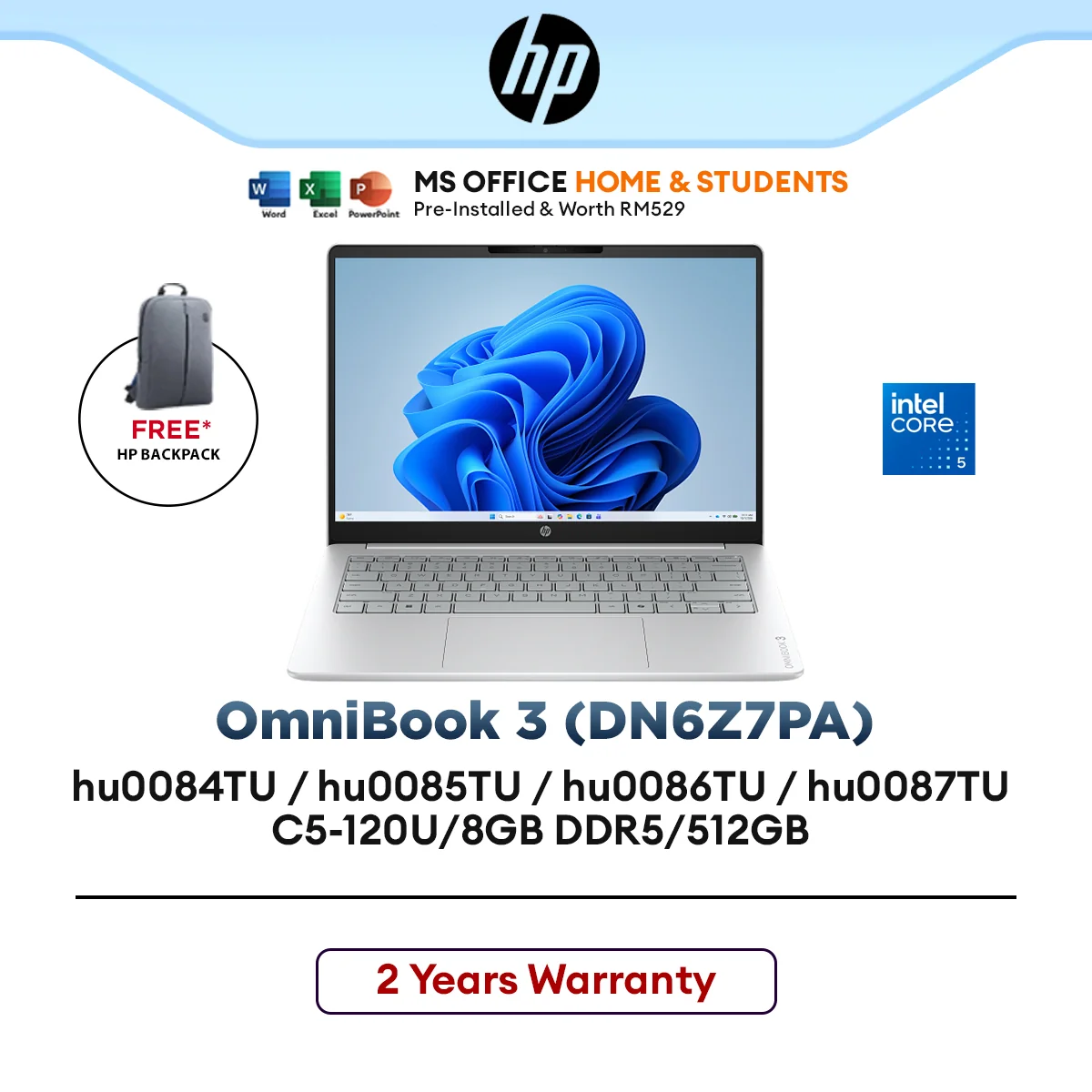 HP OmniBook 3 Laptop (14-hu0084TU/hu0085TU/hu0086TU/hu0087TU) C5-120U/8GB DDR5/512GB SSD/14"2K