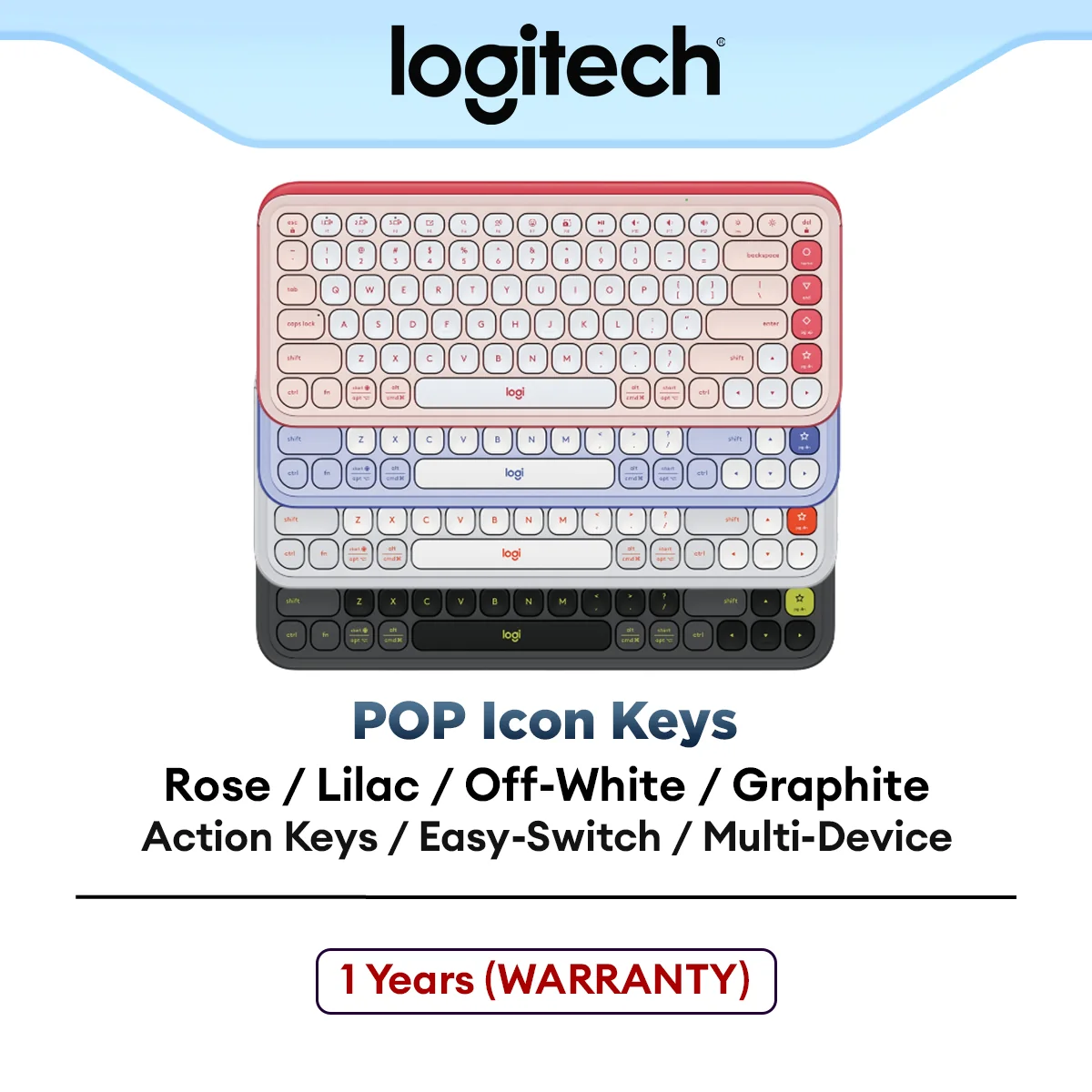 Logitech POP Icon Keys Compact Wireless Bluetooth Keyboard with Bold Design and Customizable Action Keys