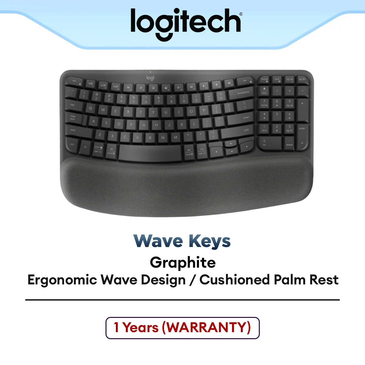 Logitech Wave Keys Wireless Ergonomic Keyboard with Cushioned Palm Rest, Comfortable Natural Typing, Easy-Switch