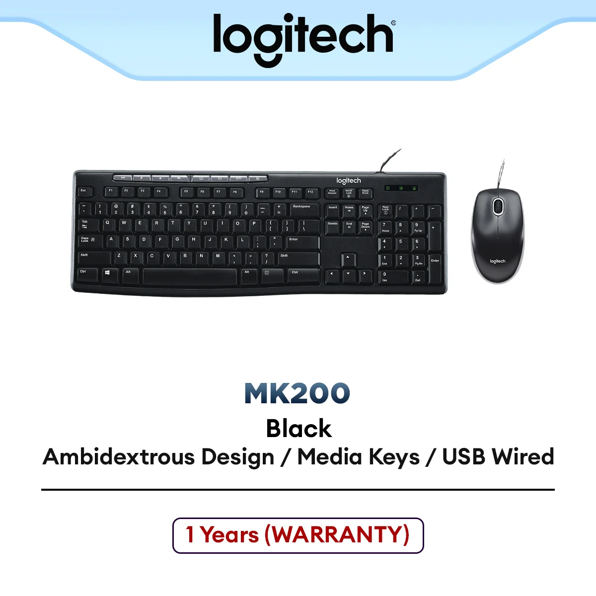 Logitech MK200 Media Corded Keyboard and Mouse Combo | Plug-and-Play USB Combo | Media Keys | Full-Sized Keyboard