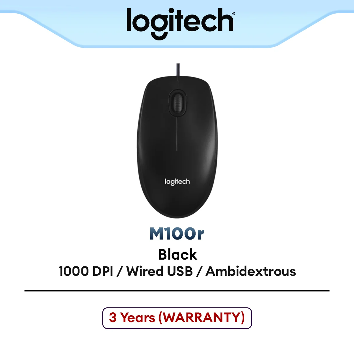 Logitech M100r Wired USB Optical Corded Mouse | Advanced Comfort | Durable | Office Work Mouse - Black (910-006765)