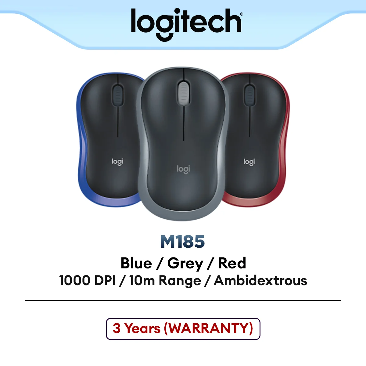 Logitech M185 Wireless Mouse with 1000 DPI Optical Tracking | Plug-and-Play | Wireless Receiver - Grey / Blue / Red