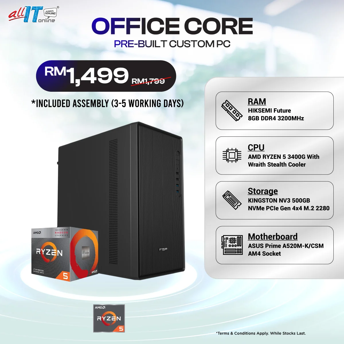 Office Core - Pre-built Custom PC | AMD RYZEN 5 3400G / 8GB/16GB DDR4 RAM / 500GB SSD