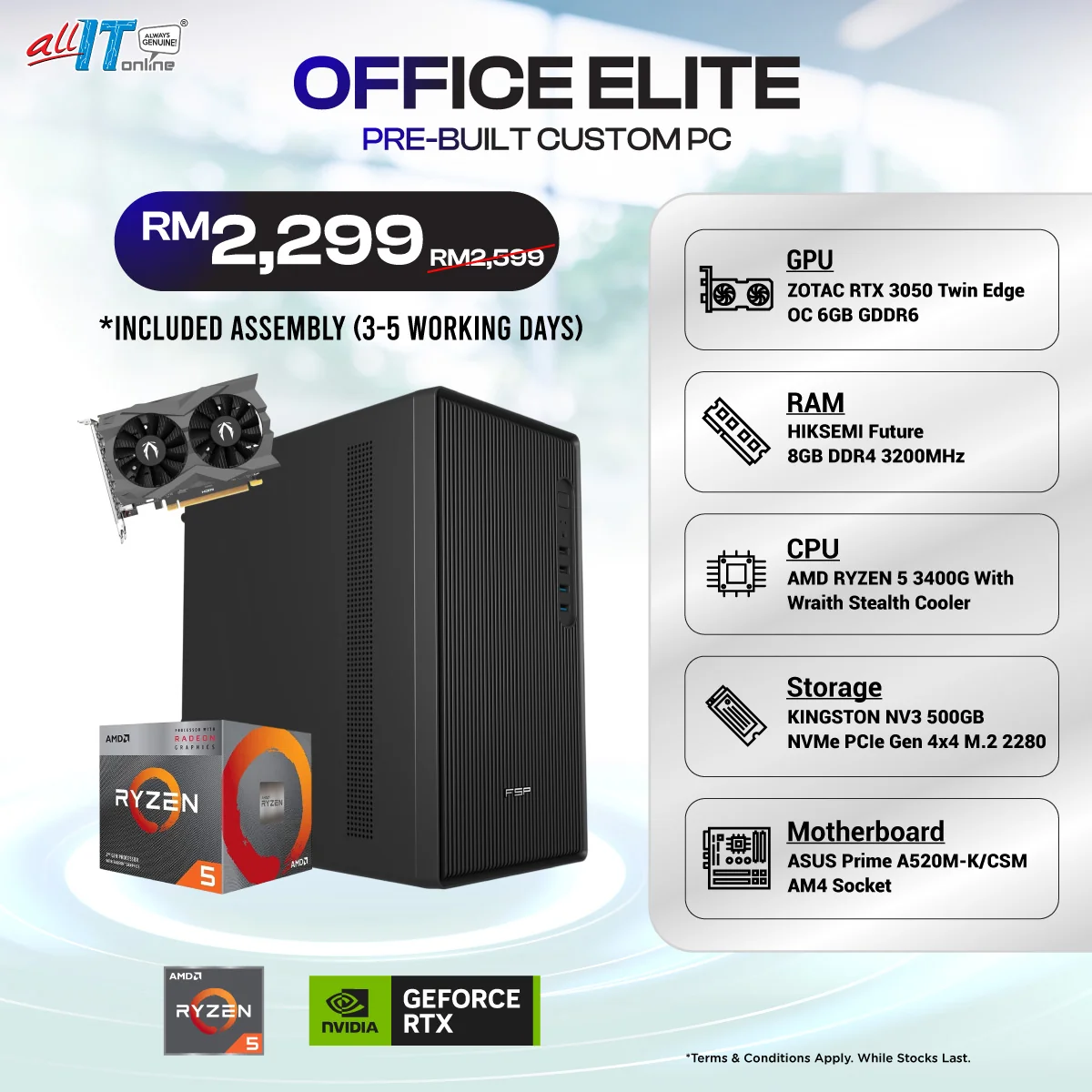 Office Elite - Pre-built Custom PC | RTX 3050 OC | AMD RYZEN 5 3400G / 8GB/16GB DDR4 RAM / 500GB SSD