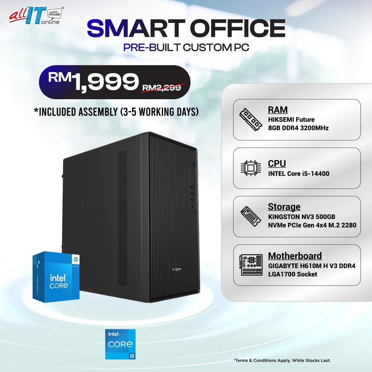 Smart Office - Pre-built Custom PC | INTEL Core i5-14400 / 8GB/16GB DDR4 RAM / 500GB SSD