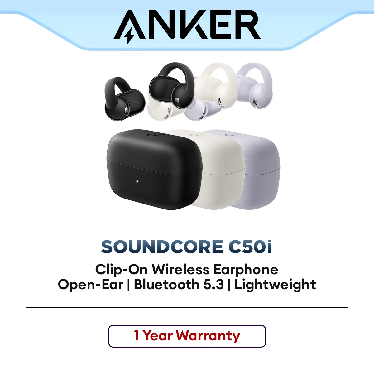Anker Soundcore Open-Ear Bluetooth Earphone C50i for Daily Use Clip-On Lightweight Design