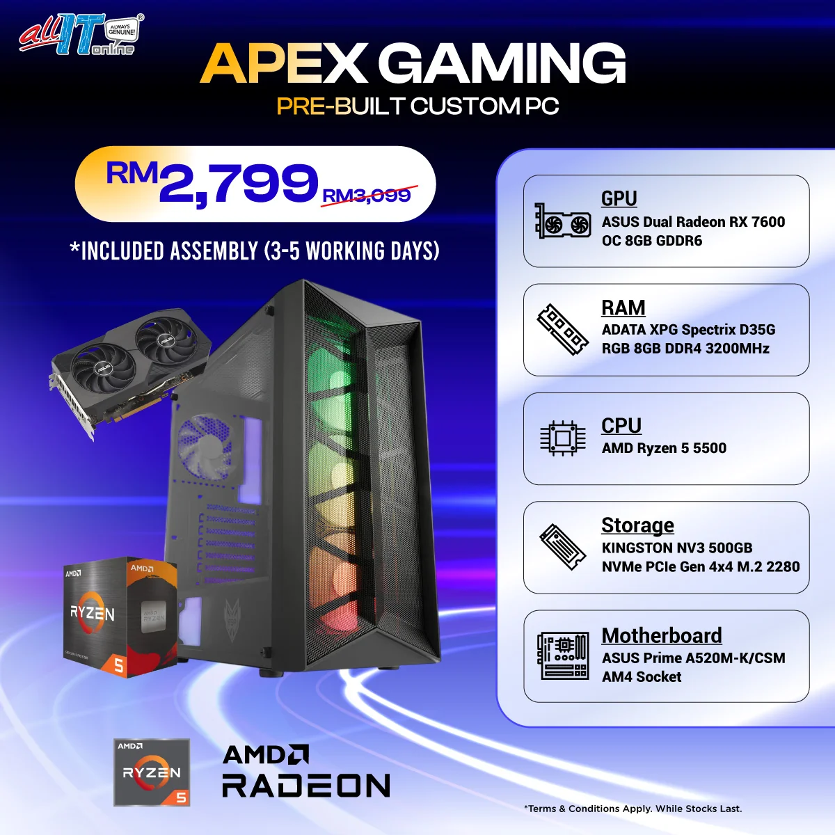 Apex Gaming - Pre-built Custom PC | AMD RYZEN 5 5500 / 8GB/16GB DDR4 RAM / 500GB SSD