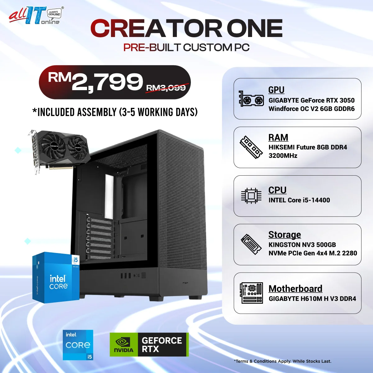 Creator One - Pre-built Custom PC | INTEL Core i5-14400 / 8GB/16GB DDR4 RAM / 500GB SSD