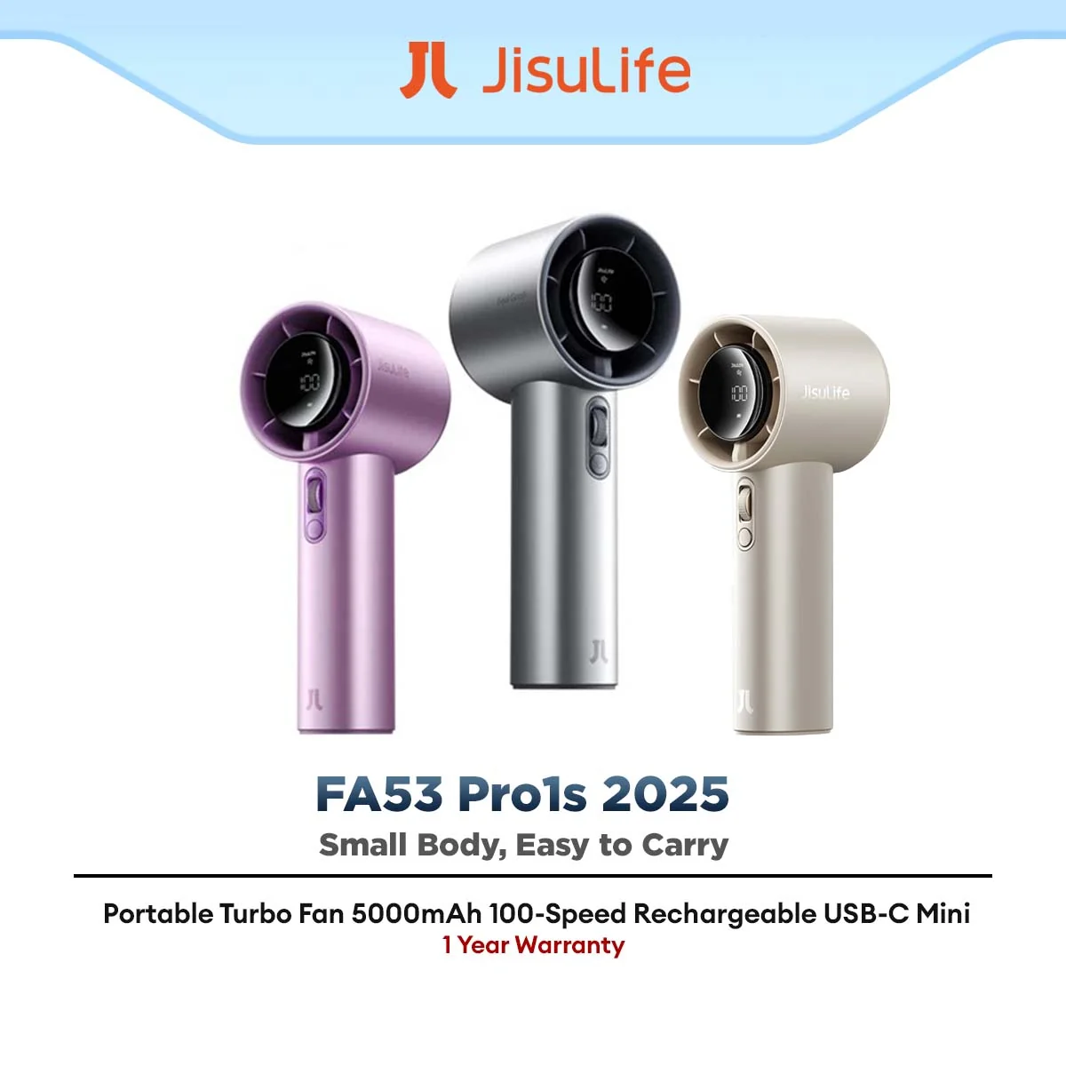 JISULIFE FA53 Pro1S (2025) Handheld Fan Portable High-Speed Rechargeable Mini Fan with Strong Airflow & Long Battery Life