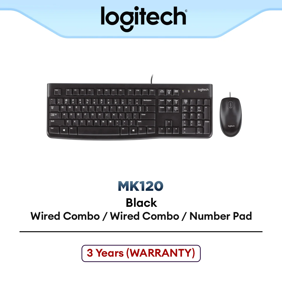 Logitech MK120 Corded Keyboard and Mouse Combo | Plug-and-Play | Spill-Resistant Design | Adjustable Keyboard Height