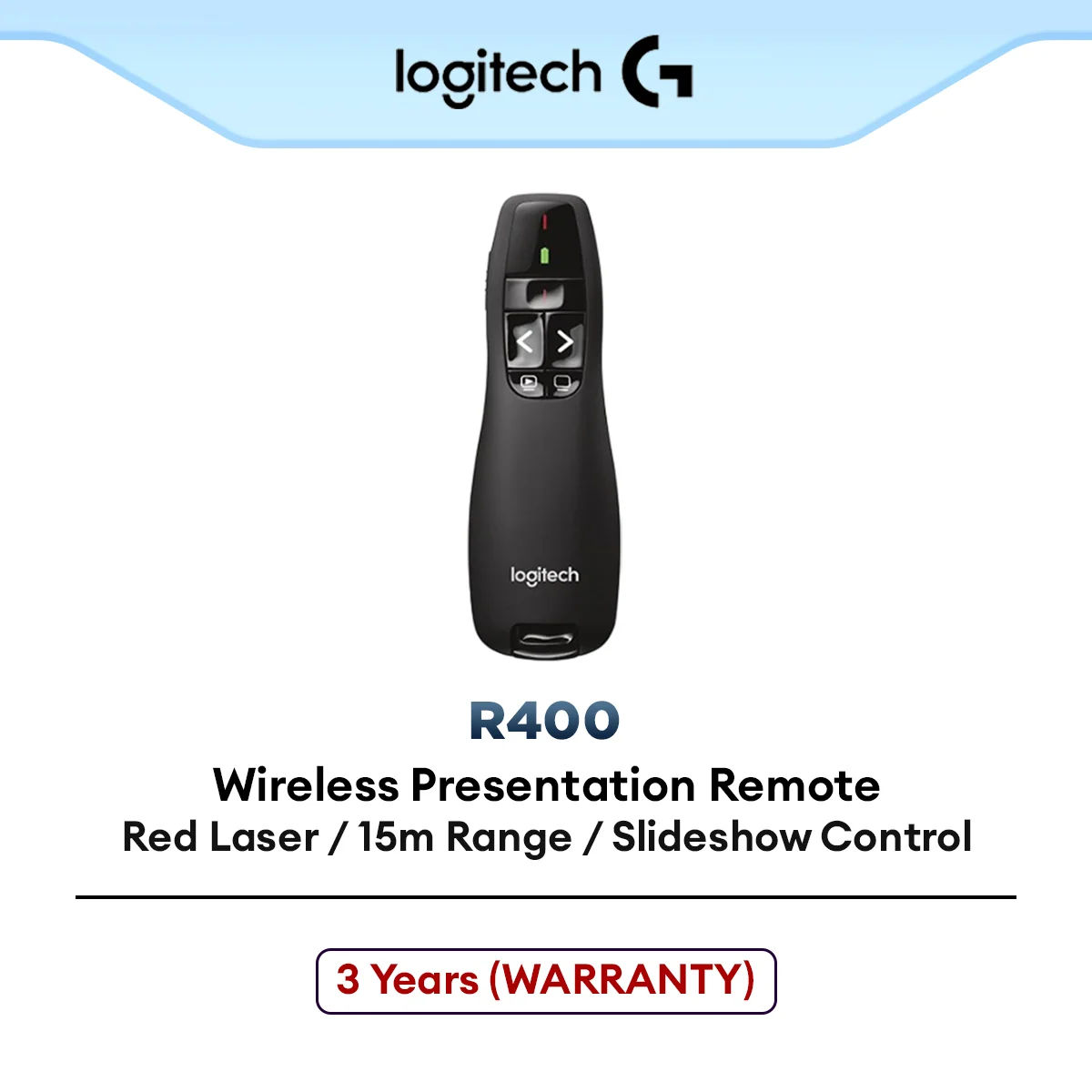 Logitech R400 Wireless Presenter Presentation Remote USB-Receiver, Red Laser Pointer, 15 Meter Range, 6 Buttons, Slideshow Control, Battery Indicator