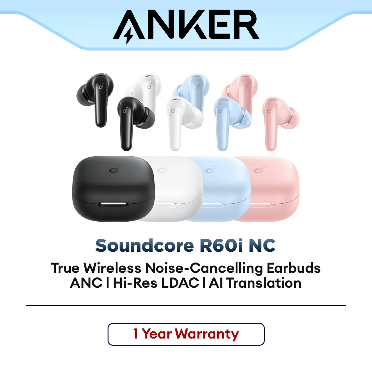 Anker Soundcore R60i NC Wireless Earbuds Adaptive Noise-Cancelling Hi-Res Clarify Sound AI Assistant 50H Long Play Time