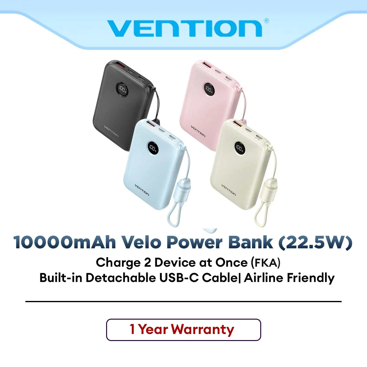 Vention Velo 10000mAh Power Bank 22.5W - Beige/Black/Gradient Pink/Blue