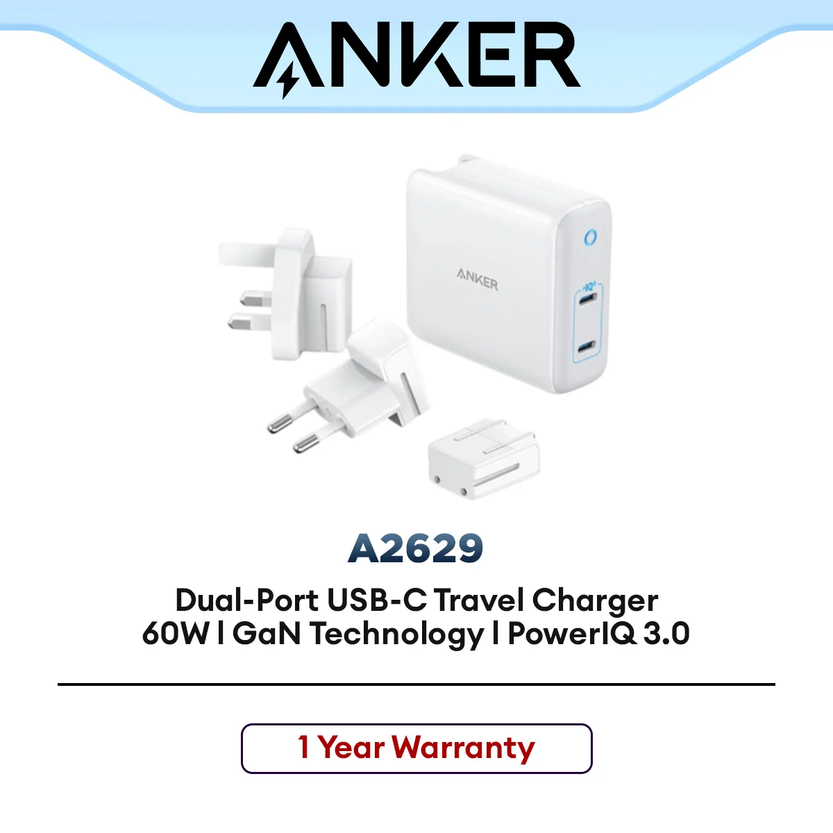 Anker A2629 PowerPort III 2-Port 60W GaN & PIQ 3.0 2-Port Type-C Charger with Intelligent Power Allocation,US/UK/EU Plug