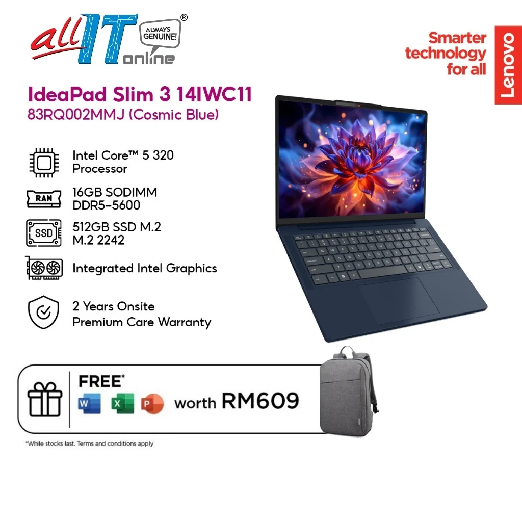 Lenovo IdeaPad Slim 3 14IWC11 Laptop (83RQ002MMJ/83RQ002LMJ) C5-320/16GB DDR5/512GB SSD/14" WUXGA