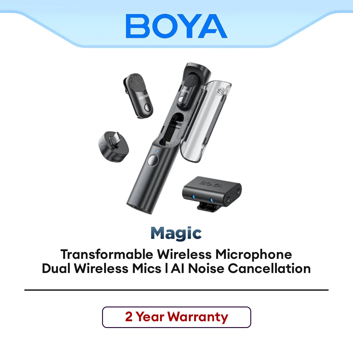 BOYA Magic Transformable Wireless Microphone 4 Forms in 1 USB C/Lighting/3.5mm TRS for Camera/Phone/DSLR/Mirrorless