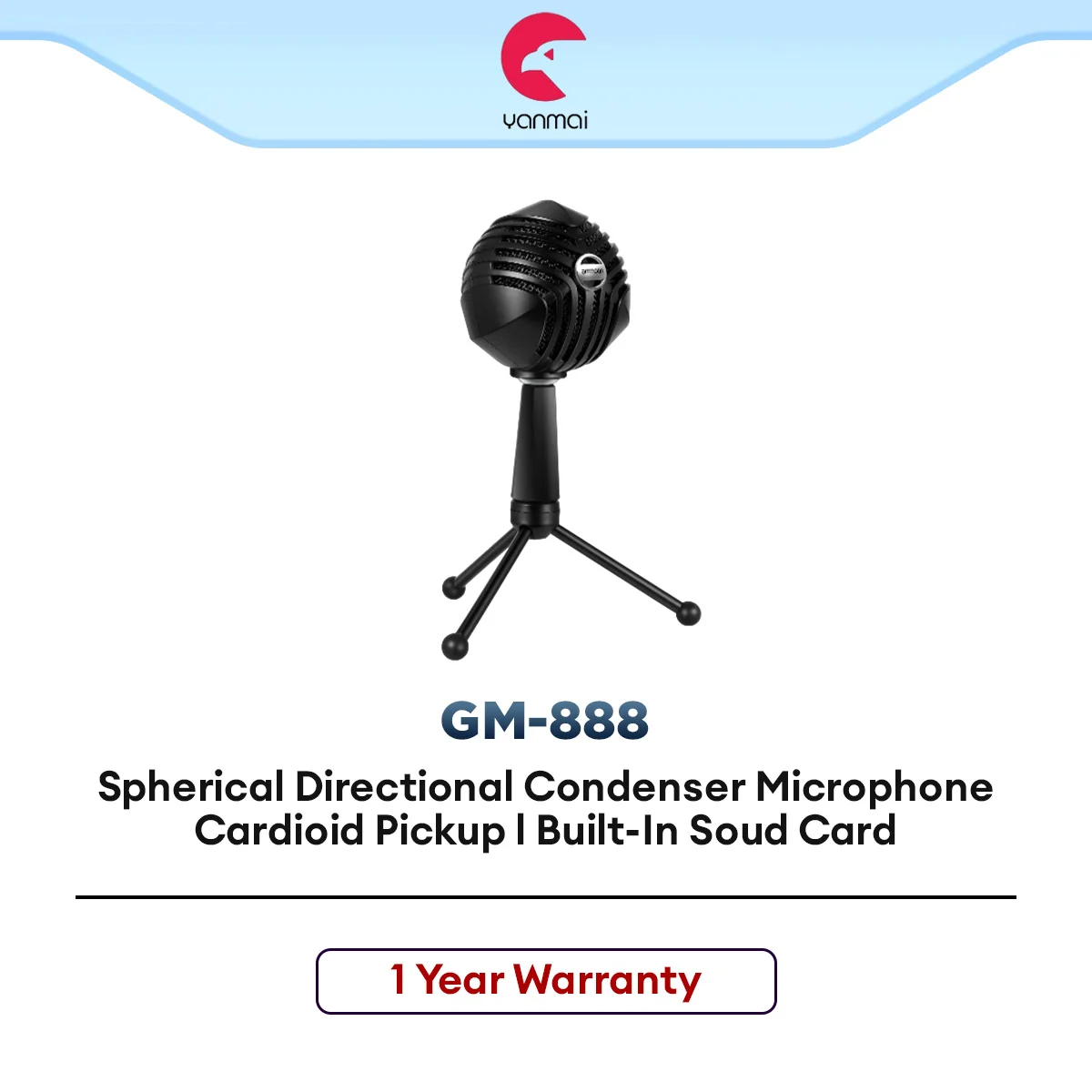 Yanmai GM-888 USB Wired Spherical Directional Condenser Microphone with Tripod Stand - Black