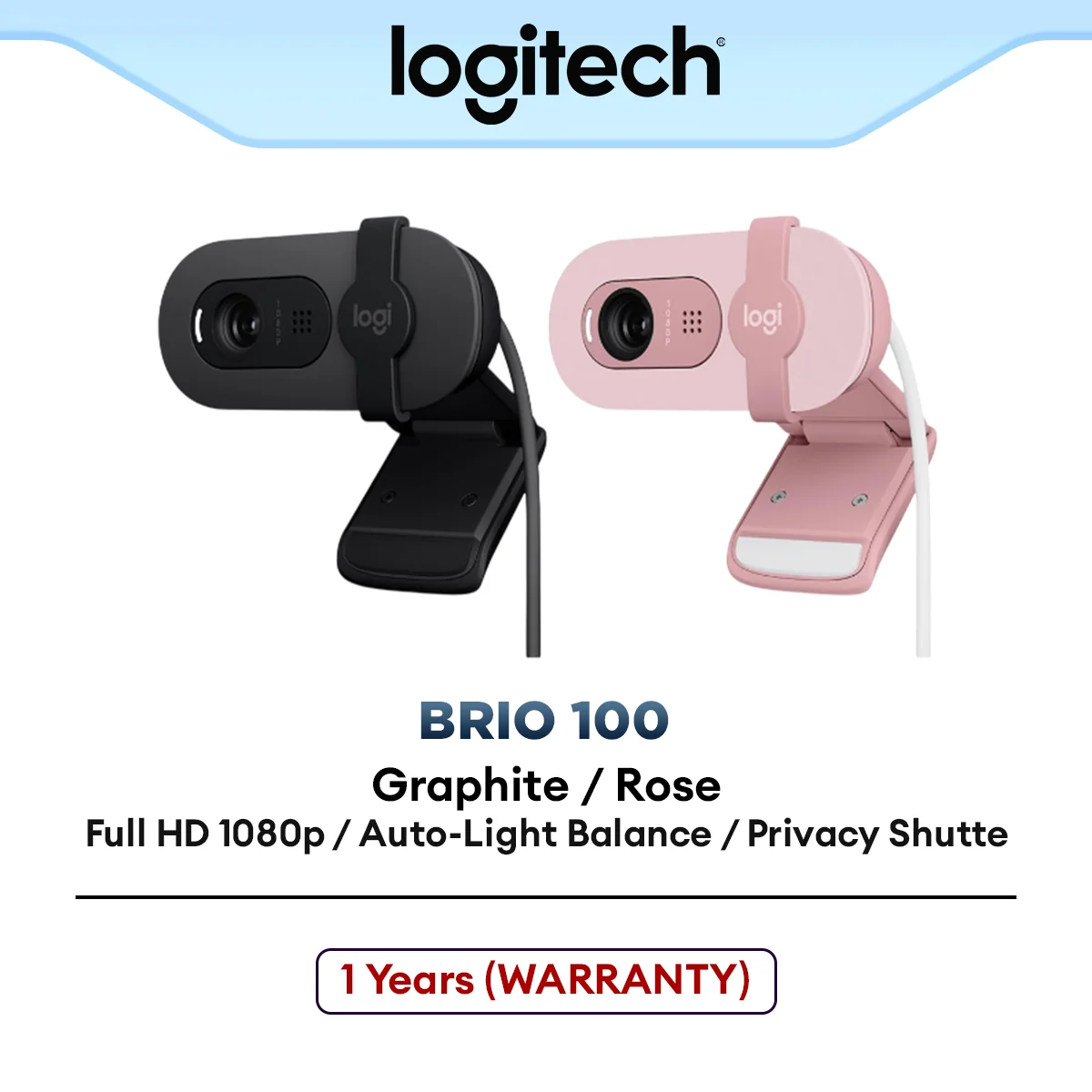 Logitech BRIO 100 FHD 1080p Webcam With Auto-Light, Privacy Shutter and Built In Mic | Rose, Graphite