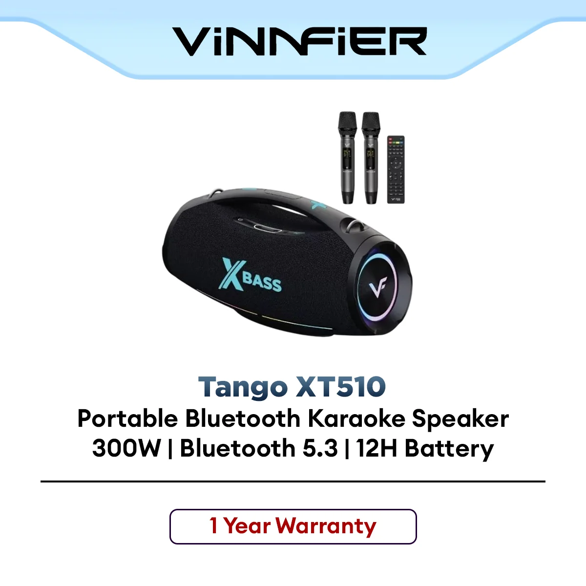 Vinnfier Tango XT510 Portable Bluetooth Karaoke Speaker 300W, BT5.3, 2 Wireless Mic, 12H Battery, IPX6