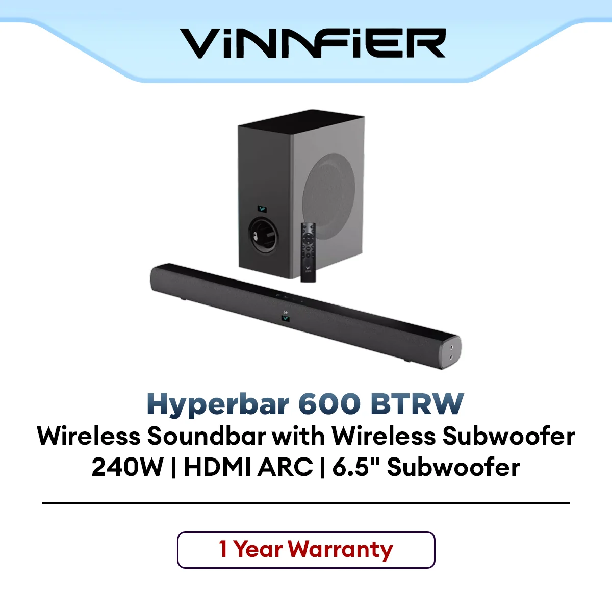 Vinnfier Hyperbar 600 BTRW 240W Wireless Soundbar Bluetooth HDMI ARC Karaoke w/Subwoofer