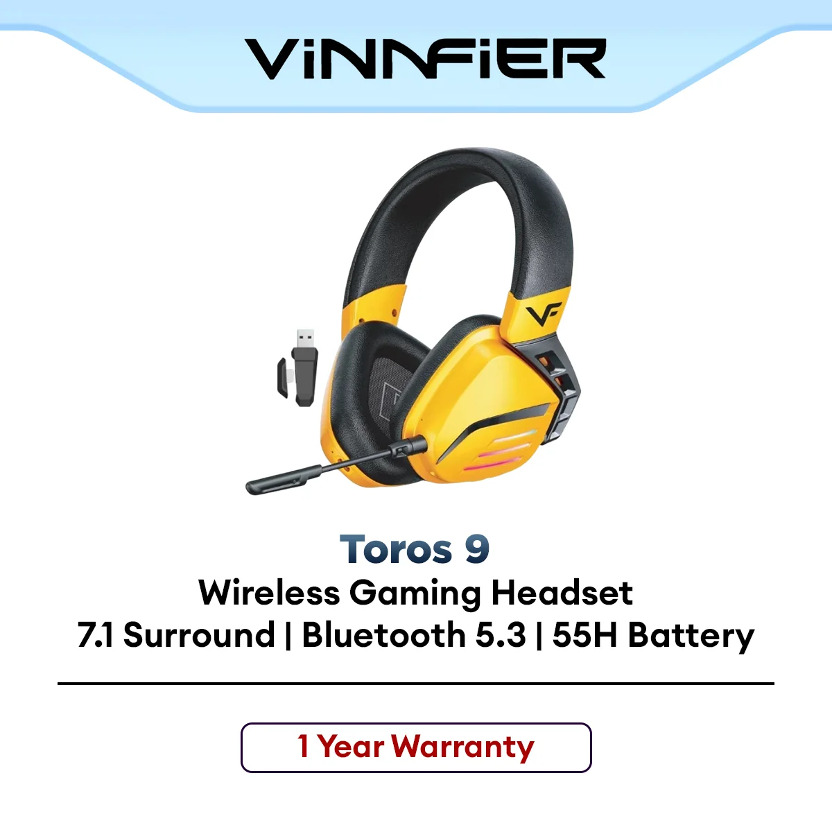 Vinnfier Toros 9 BT Wireless Gaming Headset 7.1 Surround, Bluetooth 5.3, 55H Battery, RGB Light, USB Dongle, Yellow