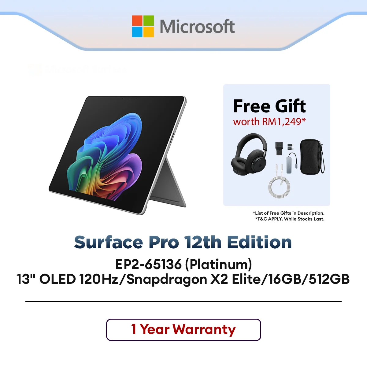 Microsoft Surface Pro 12th Edition (EP2-65136) eTablet Platinum 13" OLED 120Hz/Snapdragon X2 Elite/16GB/512GB/W11H