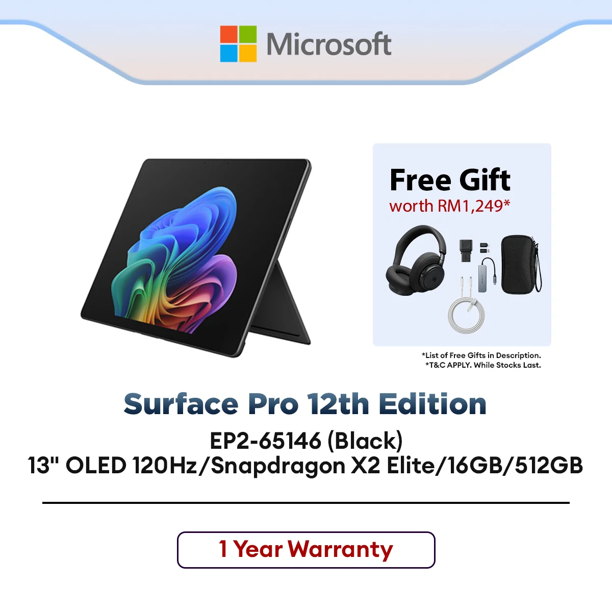 Microsoft Surface Pro 12th Edition (EP2-65146) eTablet Black 13" OLED 120Hz/Snapdragon X2 Elite/16GB/512GB/W11H